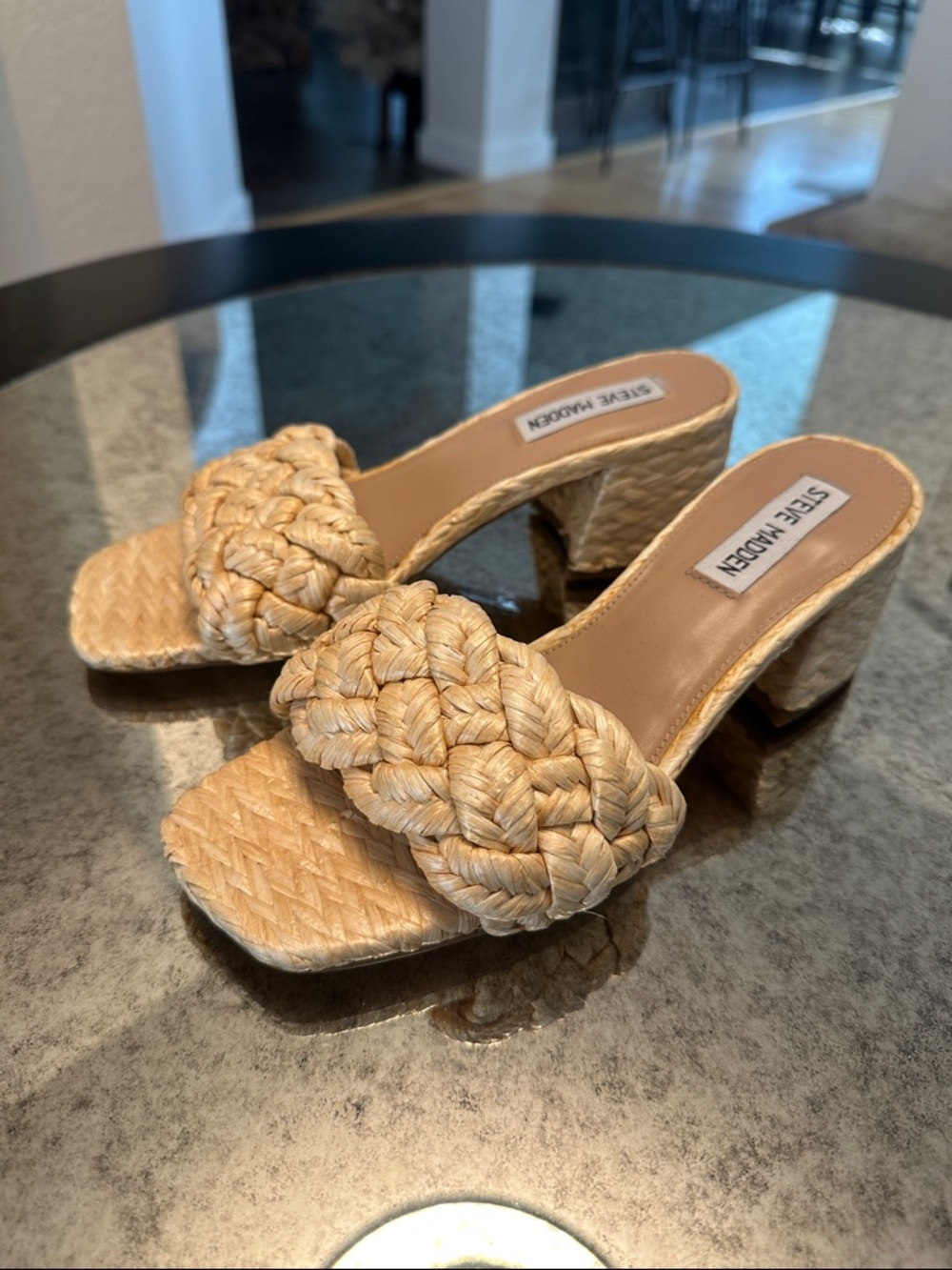 Steve Madden Natural Braided Raffia Block Heel Slides